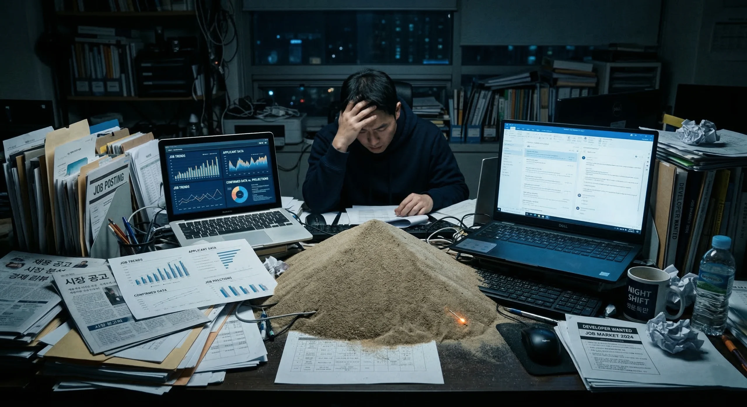 서류 더미 속 기획자